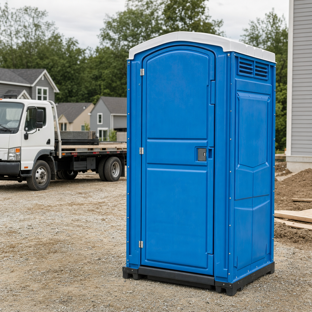 Delivery driver positioning a clean royal-blue portable toilet on level ground at a Virginia Beach worksite