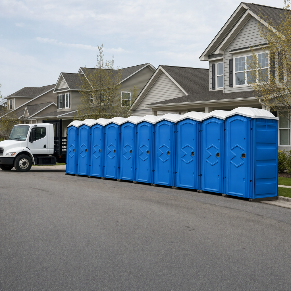 Royal blue portable toilets staged in a tidy row at a Virginia Beach jobsite, ready for delivery